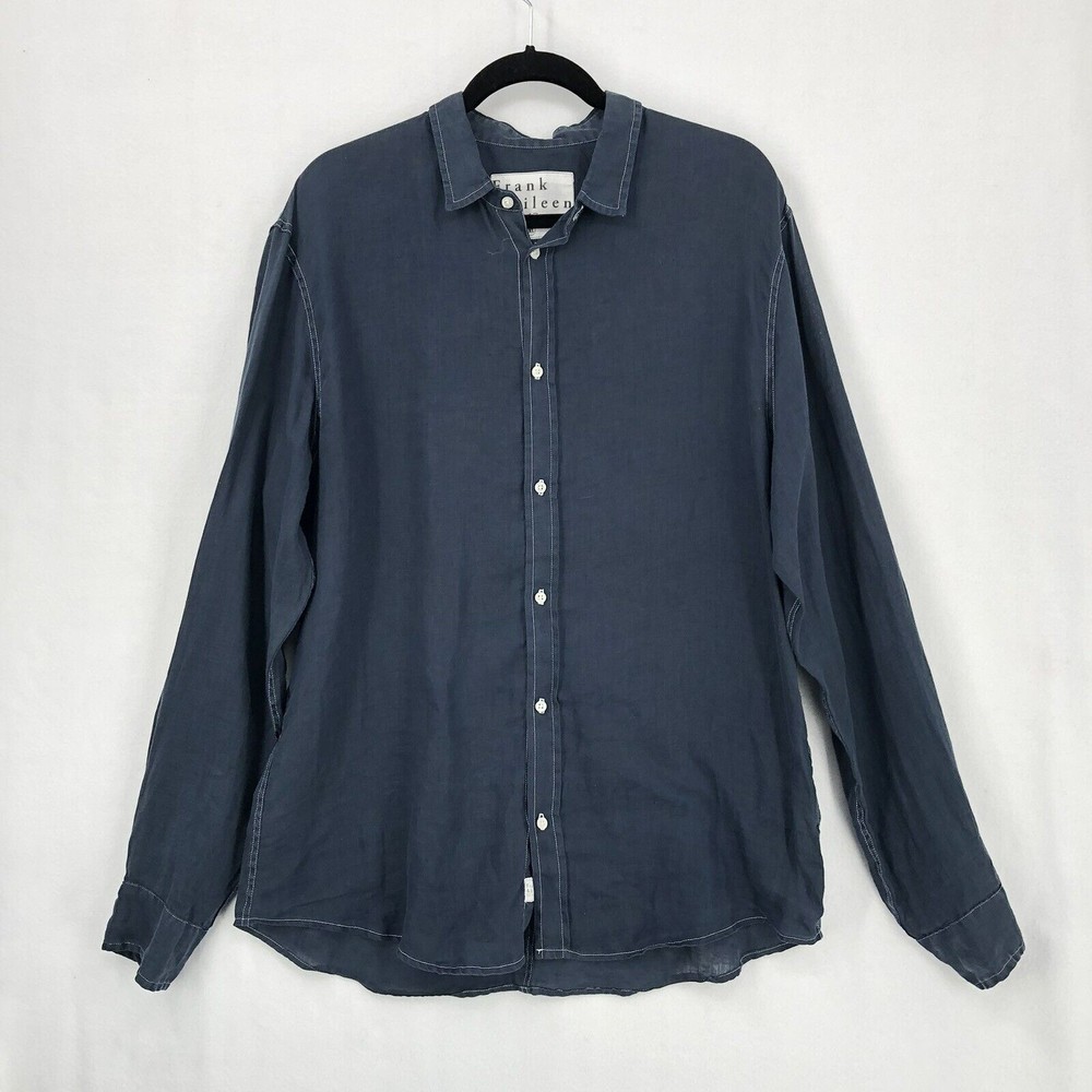 Frank & Eileen Mens XL Paul Button Front Linen Shirt Blue Long Sleeve